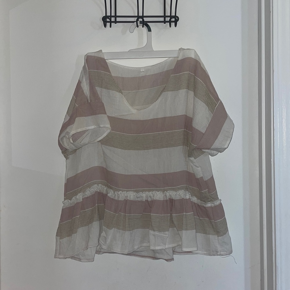 Peplum white tan and pink striped blouse shirt